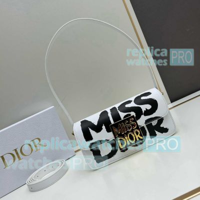 Replica CD Miss Di0r White Black Flap Bag Graffiti Printed Calfskin